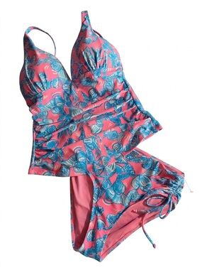 NWOT Stella Parker Tropical Tankini Set M Blue Pink Two Piece Vacation Resort